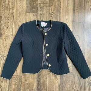 Caron Petite Vintage Quilted Jacket Black Gold Trim Button Front Cropped USA